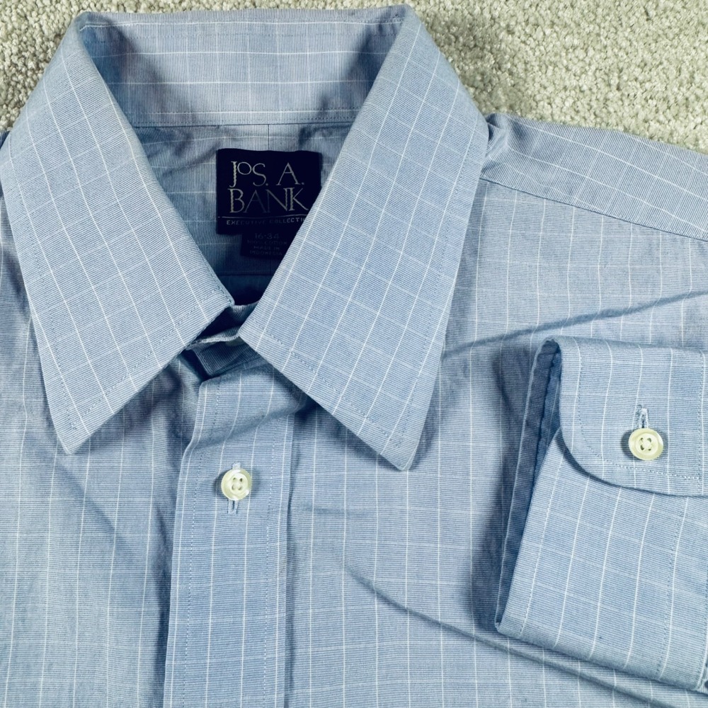 Jos. A. Bank Executive Collection Dress Shirt Mens 16-34 Blue White Grid Cotton